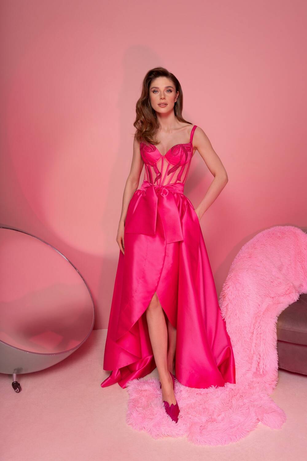 0836-2 Pink evening dress with additional overskirt